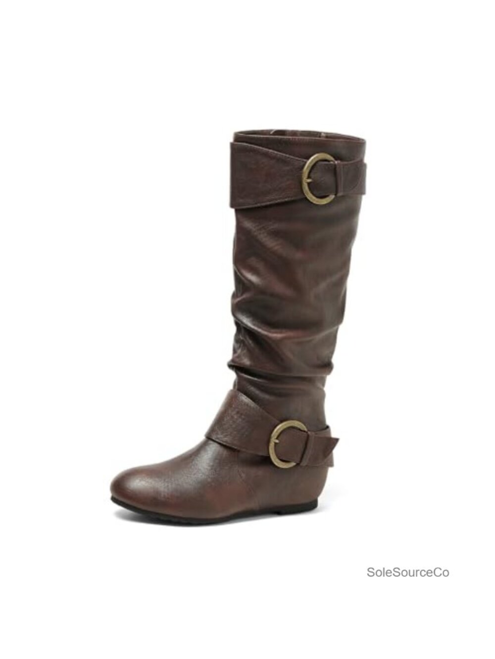 Knee High Low Hidden Wedge Boots Faux Fur Lined Faux Leather Slouchy Zip